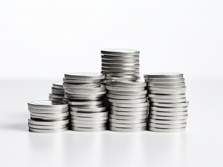 Stacks of Isolated Silver Coins Arranged Neatly on a Plain Background for Conceptual and Financial Imagery