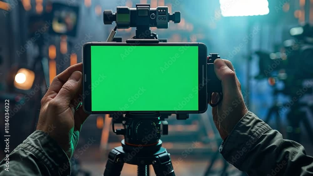 Poster Professionals are preparing for a video shoot featuring a smartphone mounted on a tripod. The background is equipped with studio lights, enhancing the chromakey capabilities for ai mockups.