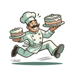 Energetic cartoon chef running while holding two decorated cakes, smiling with joy. Perfect for bakery, culinary, or festive-themed designs. Isolated vector illustration.