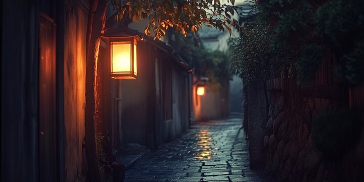 Atmospheric Night Scene Illuminated Cobblestone Alleyway with Traditional Asian Lanterns