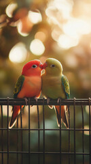 Obraz premium Two lovebirds perched on a branch in warm evening light