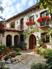 Stone and Stucco Spanish Villa with Vibrant Roof Flowers, Elegant Home Adorned with Red Flowers on the Roof, Rustic Architecture with Red Blossoms on the Roof