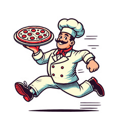 Energetic cartoon chef running with a freshly baked pizza, smiling with excitement. Great for pizzeria, culinary, or delivery-themed designs. Isolated vector illustration.