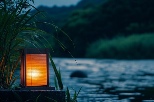 Serene Illuminated Lantern by River at Dusk Tranquil Nature Scene