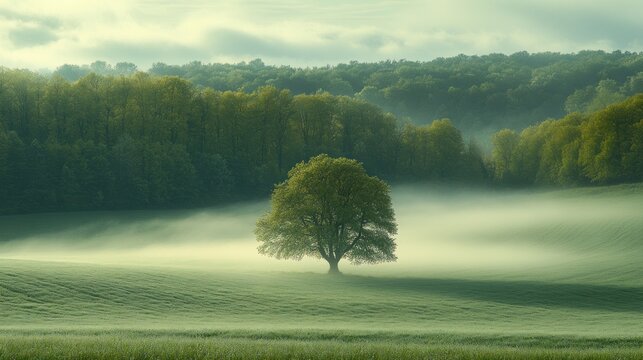 Solitary tree in foggy green field.