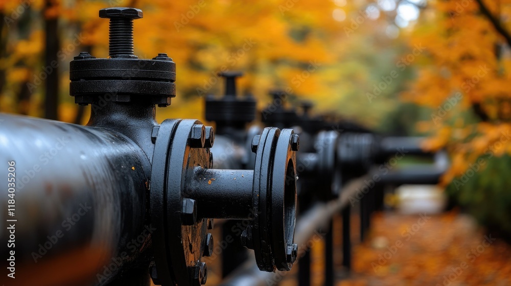 Poster a close-up of advanced pipeline fittings, with autumn foliage in the background blending technology 