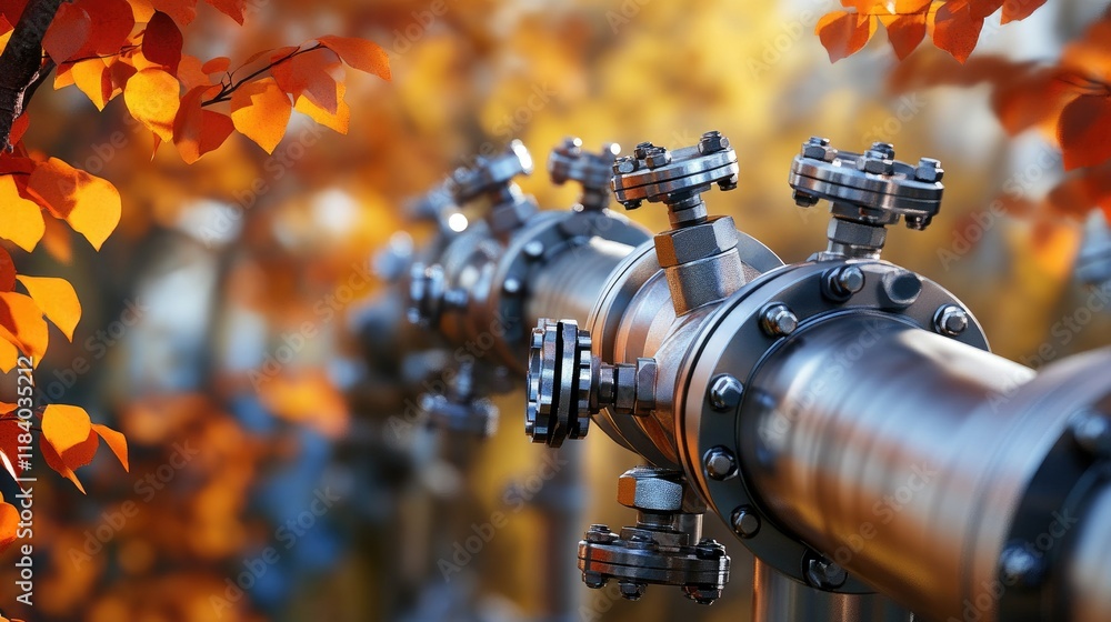 Poster a close-up of advanced pipeline fittings, with autumn foliage in the background blending technology 