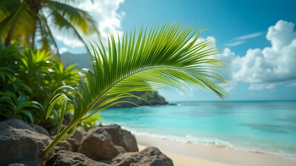 Vibrant Emerald Palm Frond Against Blue Sky, Tropical Beach Scene