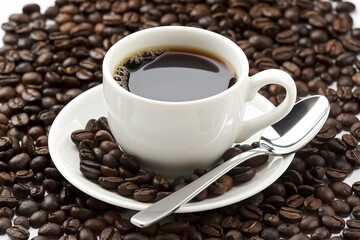 Fototapeta premium A white background with a cup of black coffee