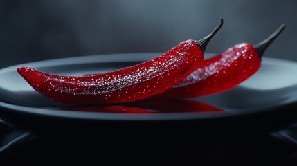 Close-up of two fresh red chili peppers on a black plate with water droplets