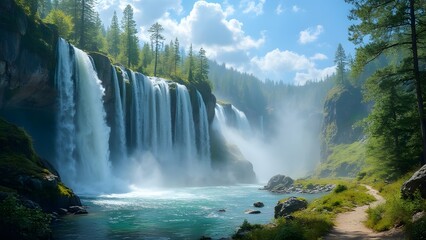Fototapeta premium Majestic Cascading Waterfall in Lush Forest Glade, Serene Hiking Trail to Crystal-Clear Pool
