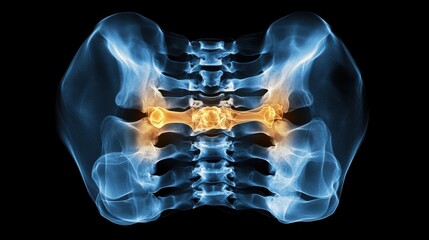 An X-ray blue of a spine with the spine joint Showing the back of a person with short bones in the back. highlighted in yellow