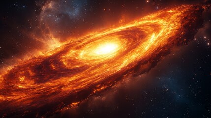 Obraz premium Fiery spiral galaxy cosmic abstract. Universe space nebula, celestial fire. Orange glowing stars, supernova explosion