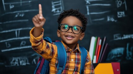 A young boy wearing glasses points to the chalkboard with a smile on his face
