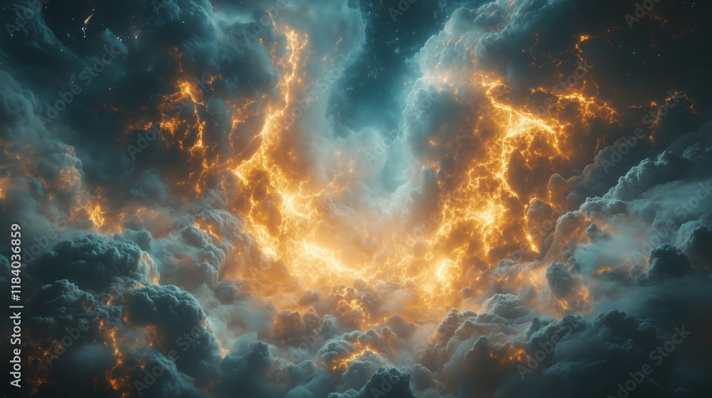 Wall mural Glow energy lightning abstract. Dark cloud storm surge. Dynamic powerful celestial background