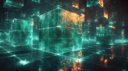 Glowing digital wireframe cubes. Abstract tech background, data flow, connections. Futuristic, network concept.