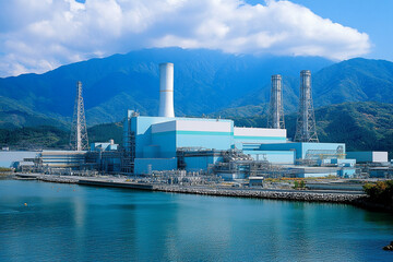 large nuclear power plant with cooling towers and industrial structures near body of water, set against mountainous backdrop