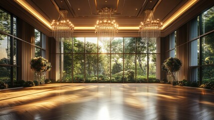 Fototapeta premium A contemporary ballroom featuring glittering chandeliers, a polished wooden floor, and breathtaking garden scenery through its wide windows