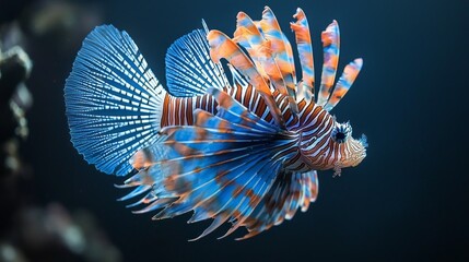 Intricate lionfish displays its stunning fins as it swims through a colorful coral reef, showcasing vibrant hues against the twilight background of the ocean