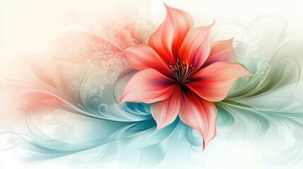 Red flower, abstract swirls, pastel background, digital art, design