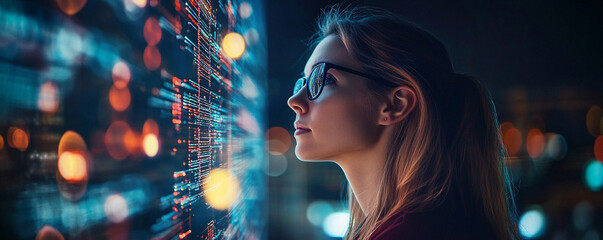 woman wearing glasses looks at digital screen displaying data and code