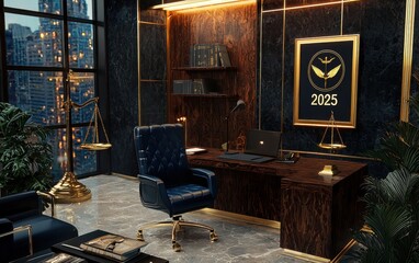 Professional 2025 in navy blue, positioned in a law office setting with legal books, scales of justice, and a desk
