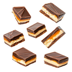 Obraz premium Chocolate Caramel Delights: A collection of seven delectable chocolate caramel squares, suspended in mid-air, showcasing their rich, layered textures.