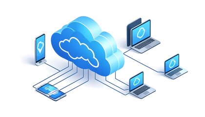 Isometric Data Transfer and Cloud Storage Icon: Digital Service Representation with Network Connection for Websites