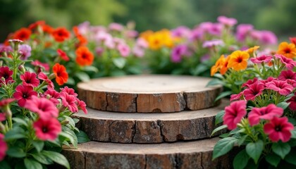 Wooden podium in a garden with colorful flowers. Concept of nature, beauty, and product display.