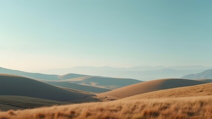 Serene Minimalist Landscape, Golden Hour Rolling Hills and Clear Blue Sky
