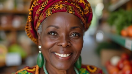 Fototapeta premium Radiant Ghanaian Senior Grocer Portrait, Warm, Smiling Close-up in Traditional African Attire