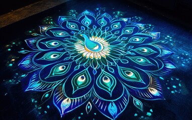 Fototapeta premium Traditional rangoli art with peacock motifs, glowing on a bold and bright gradient of blue and green