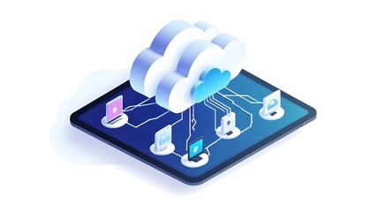 Isometric Data Transfer and Cloud Storage Icon: Digital Service Representation with Network Connection for Websites