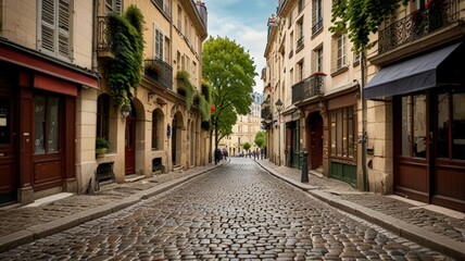 Obraz premium A picturesque cobblestone street, lined with charming buildings and lush greenery, invites exploration under a bright blue sky, encapsulating the city's vibrant atmosphere.