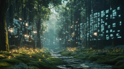 Mystical forest path, glowing data screens, nature background, digital art