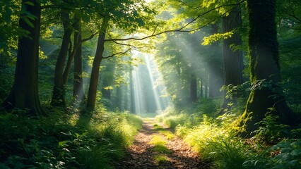 Obraz premium Sun-Dappled Forest Path, Gray-Toned Leaves, Vibrant Nature Scene, Mystical Sunlight Beams Through Trees