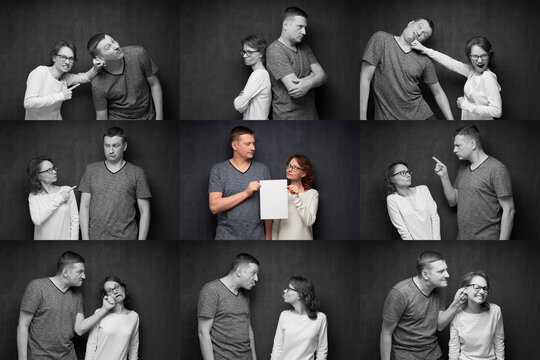 Concept of a young couple's relationship. A young couple of a guy and a girl maintains their relationship despite the different situations in their relationship