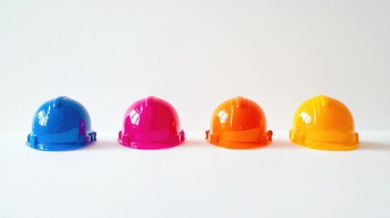 A minimalistic close-up of four vibrant hard hats placed on a clean white background, showcasing organization and architectural precision.