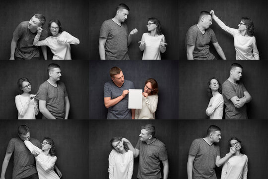 Concept of a young couple's relationship. A young couple of a guy and a girl maintains their relationship despite the different situations in their relationship