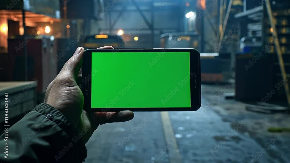 Fototapete a hand is displaying a smartphone featuring a chromakey green screen in a dimly lit industrial space