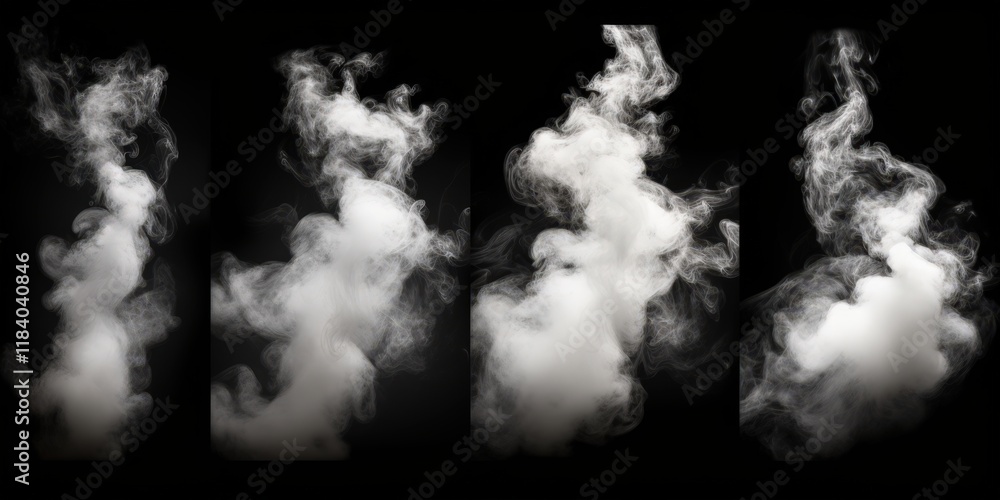 Poster set of isolated white steam swirls on a black background, showcasing various shapes and textures of 