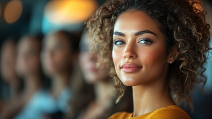 Confident woman smiling, office background, team meeting
