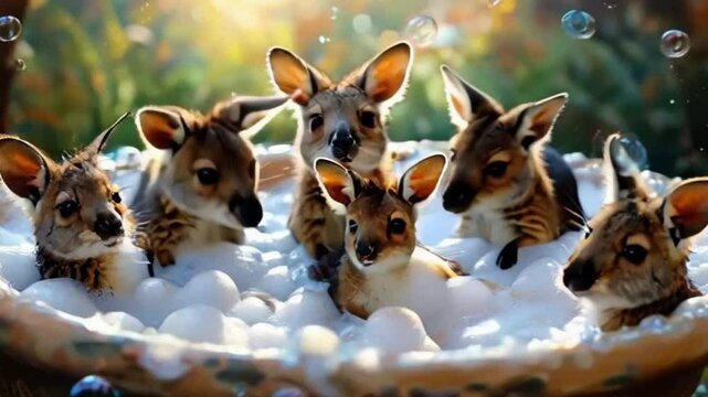 funny cute giraffes are bathing in a bathtub with foam and bubbles