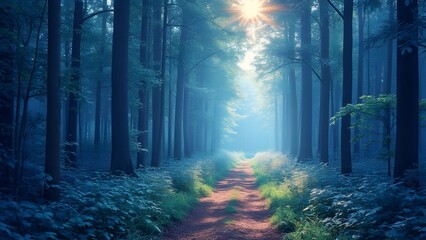 Obraz premium Enchanted Blue Forest Path, Sunlit Trail Through Mystical Woods, Vibrant Nature Scene
