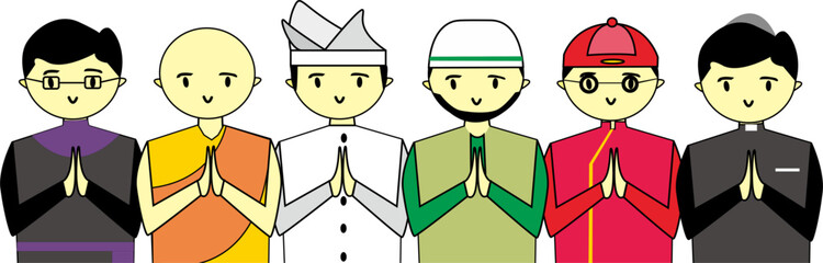 Religious diversity vector illustration, illustration of various religions in Indonesia, unity and peace