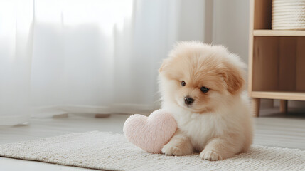 Tiny Golden Puppy Sitting on a Neutral Beige Rug Holding a Soft Pink Heart-Shaped Plush Toy in a Bright and Cozy Roo