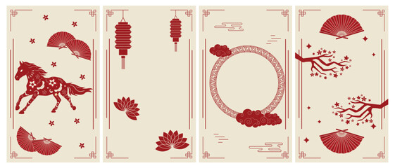 Big Chinese traditional New Year backgrounds with horse flowers pattern, clouds, lanterns, fan, Chinese ornaments and vintage red oriental Chinese border frames. Vertical vector posters