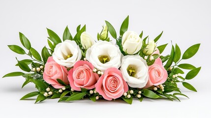 A photostock of a fresh bouquet of white and pink roses with soft green leaves, arranged beautifully on a clean white background, symbolizing romance and elegance. High Quality
