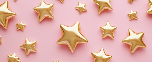 Glossy golden stars on pink background