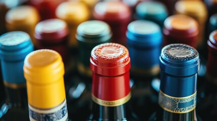 A selective focus on colorful wine bottle caps, each showcasing unique patterns, paired with detailed labels against a soft blurred background.